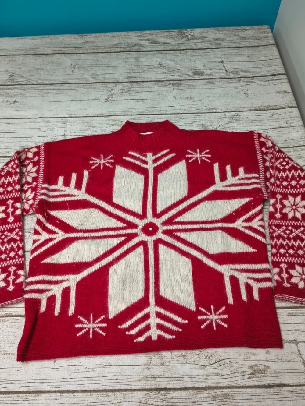 Vintage Knitting Needles Pearl Embellished Angora Snowflake Sweater Red Small